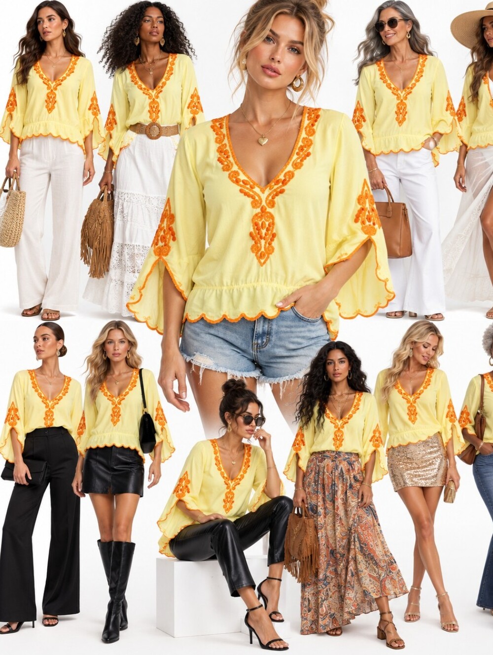 New Monique Leshman Cotton Embroidered Beaded Top Bell Sleeves